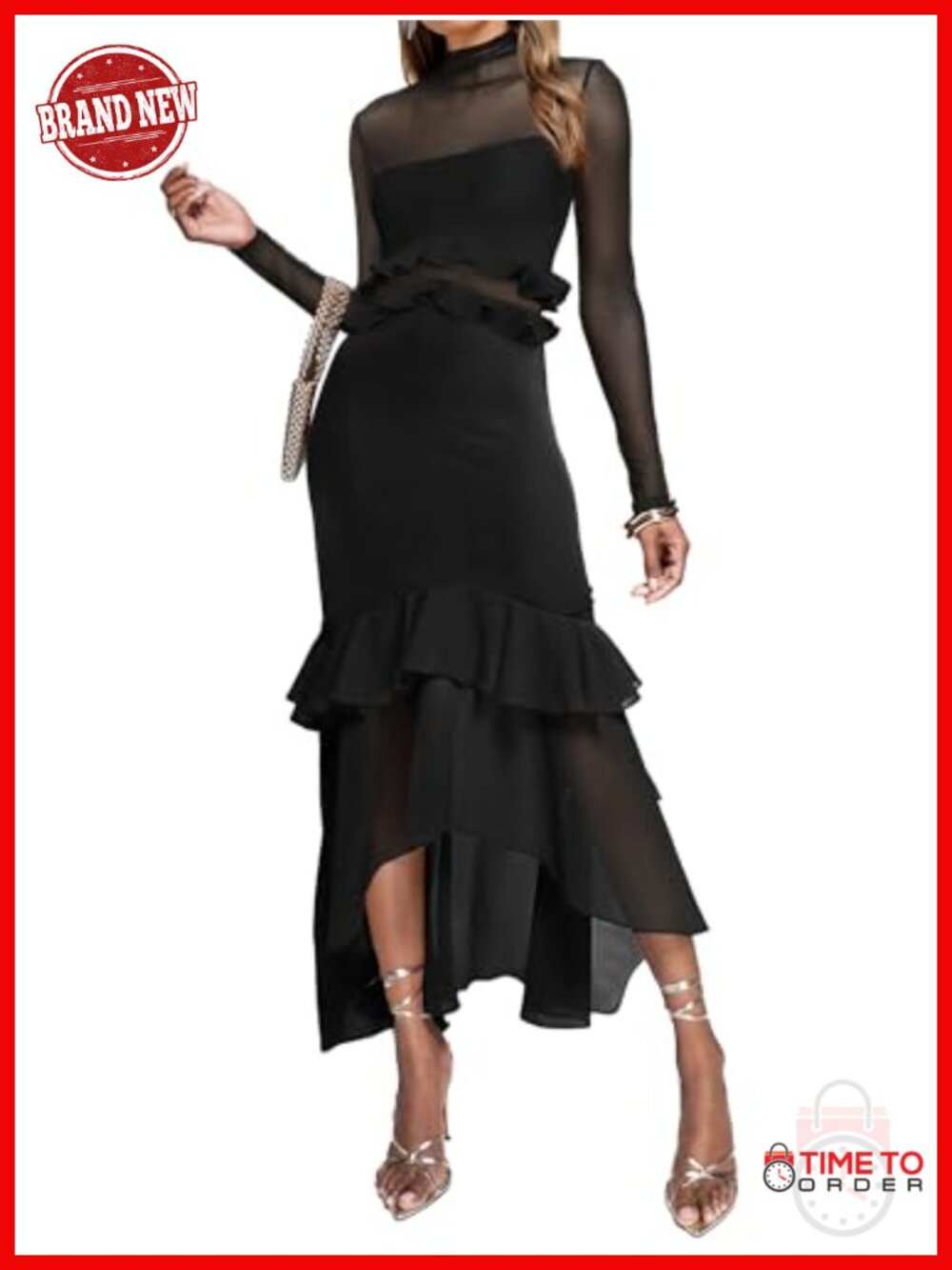 Elegant Bodycon Maxi Dress Mock Neck Long Sleeve Ruffle Mesh Party Cocktail